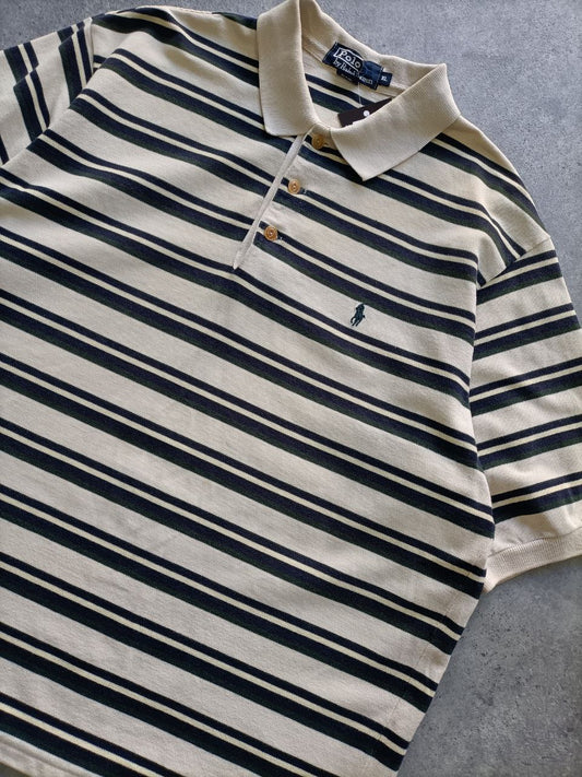 Polo Vintage Croppata Uomo – Ralph Lauren Beige a Righe Verdone e Blu (Taglia XL / Vestibilità M Oversize)