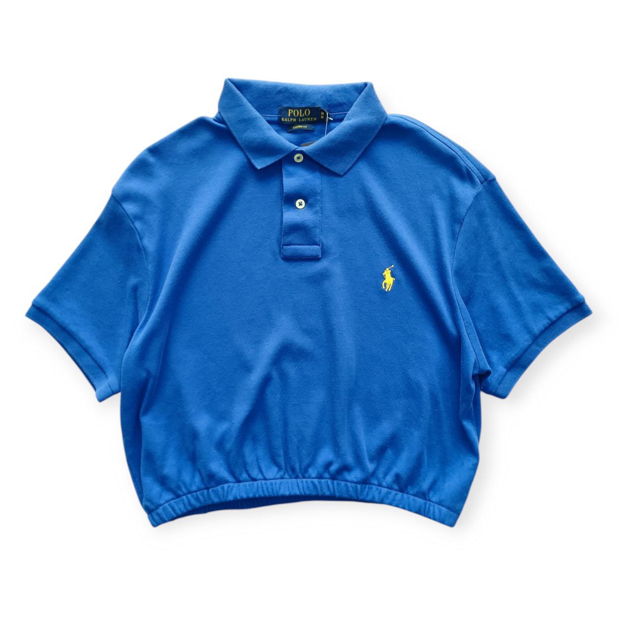 Polo Donna Ralph Lauren Crop Blu Elettrico con Logo Ricamato Giallo (M)