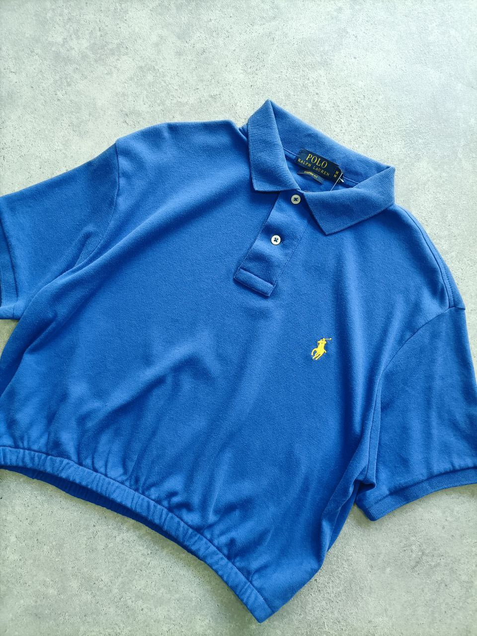 Polo Donna Ralph Lauren Crop Blu Elettrico con Logo Ricamato Giallo (M)