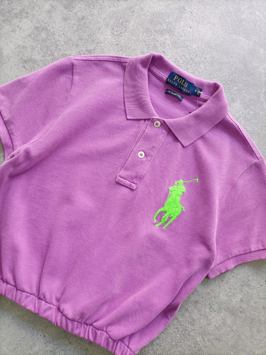 Polo Donna Ralph Lauren Crop Porpora con Big Logo Ricamato Verde Fluo (S)