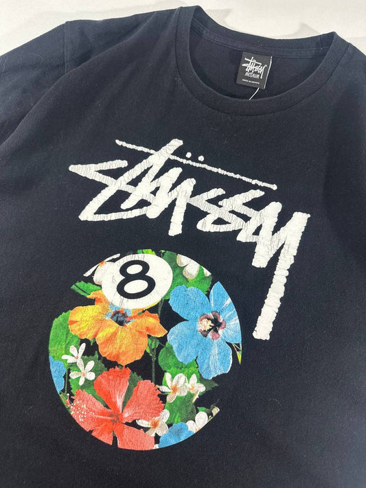 Stussy T-shirt Black With Floral 8-Ball Graphic Vintage Uomo/Donna (M)