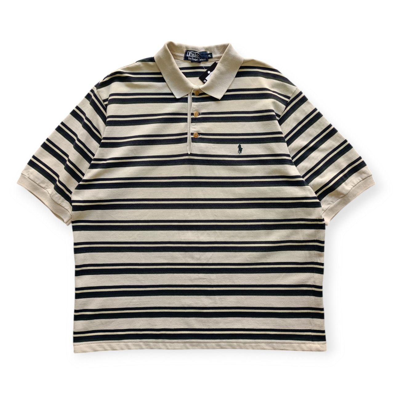 Polo Vintage Croppata Uomo – Ralph Lauren Beige a Righe Verdone e Blu (Taglia XL / Vestibilità M Oversize)