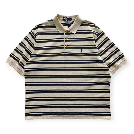 Polo Vintage Croppata Uomo – Ralph Lauren Beige a Righe Verdone e Blu (Taglia XL / Vestibilità M Oversize)