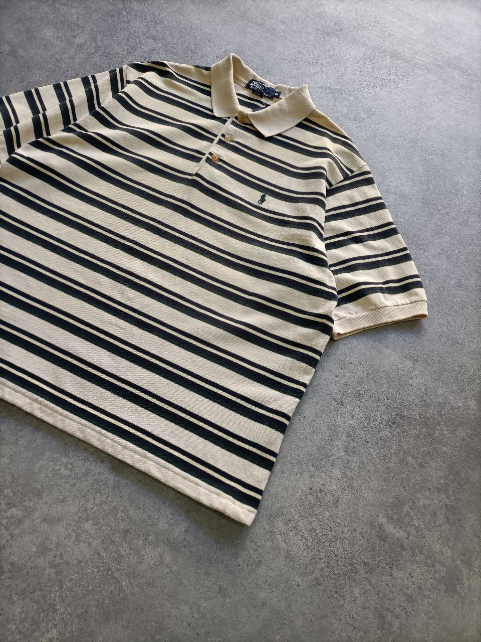 Polo Vintage Croppata Uomo – Ralph Lauren Beige a Righe Verdone e Blu (Taglia XL / Vestibilità M Oversize)