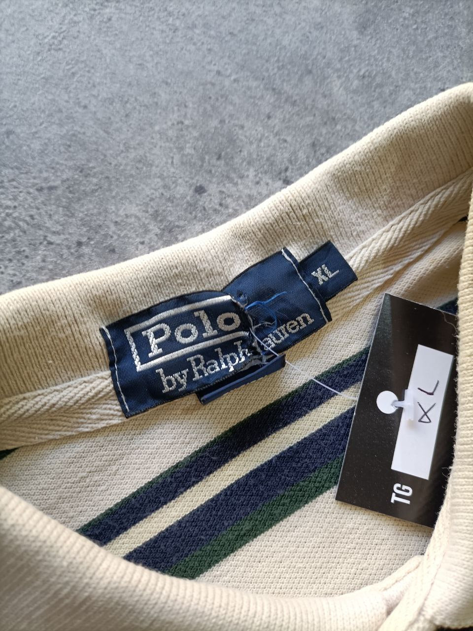 Polo Vintage Croppata Uomo – Ralph Lauren Beige a Righe Verdone e Blu (Taglia XL / Vestibilità M Oversize)