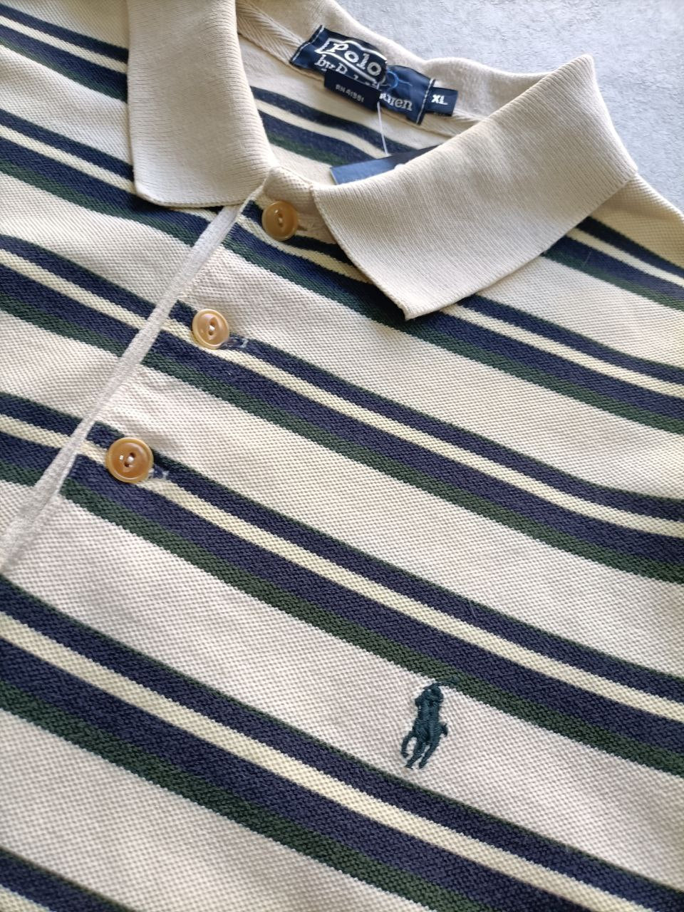 Polo Vintage Croppata Uomo – Ralph Lauren Beige a Righe Verdone e Blu (Taglia XL / Vestibilità M Oversize)