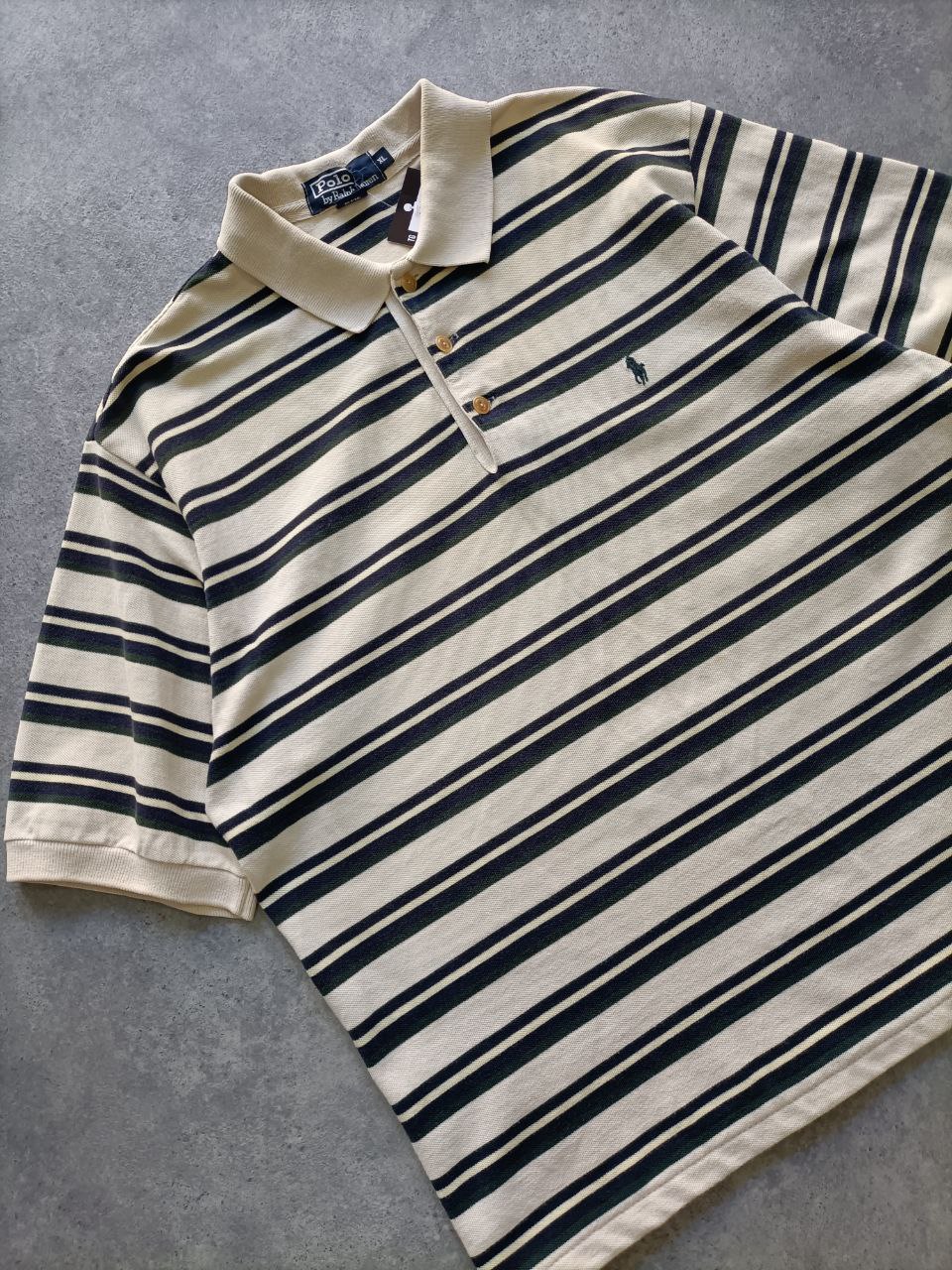 Polo Vintage Croppata Uomo – Ralph Lauren Beige a Righe Verdone e Blu (Taglia XL / Vestibilità M Oversize)