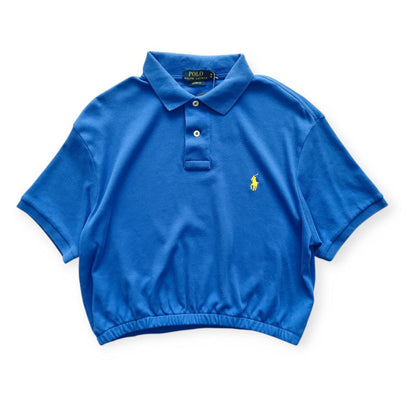 Polo Donna Ralph Lauren Crop Blu Elettrico con Logo Ricamato Giallo (M)